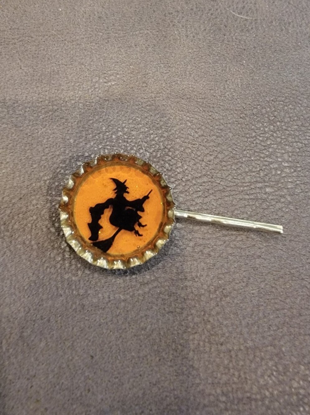 Glittery Orange and Black Halloween Witch Vintage Bottlecap Hairpin